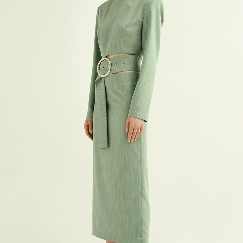 NEW DESIGNER Olive Cut Out Belted Midi Dress by Materiel Tbilisi Size Medium